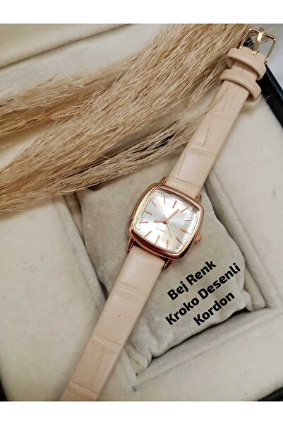 Brality ساعة يد نسائية، لون بيج، حزام من جلد التمساح منقوش، هيكل ذهبي اللون، ...