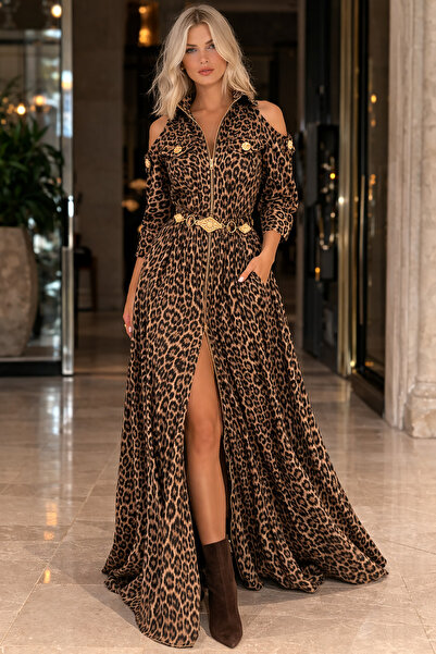 ALYEL NAKER Önden Fermuarlı & Omzu Açık Maxi Boy Özel Tasarım Elbise