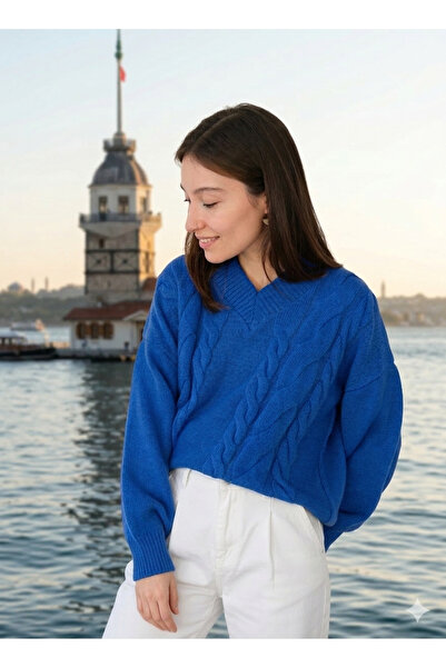 Butik Una Fiaba-Mavi Kadın V Yaka Yumuşak Dokulu Saç Örgü Kazak
