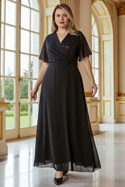 SUBU TASARIM Сукня з паєтками та деталями з шифону Чорна сукня TBS978