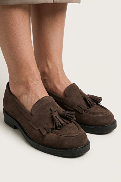GRADA Γυναικεία Loafer Παπούτσια από Γνήσιο Δέρμα Καφέ Σουέντ με Φούντες, Καθ...