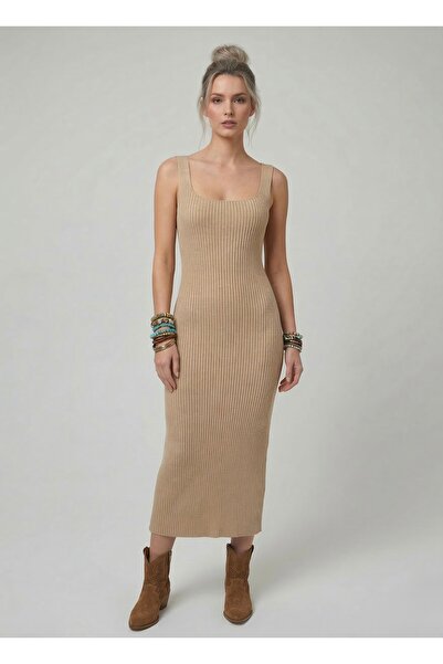 Neden Tekstil Premium Fit Square Neck Corded Fabric Knitwear Midi Dress