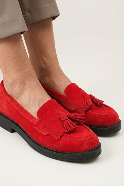 GRADA Γυναικεία Loafer Παπούτσια από Γνήσιο Δέρμα με Φούντες, Κόκκινο Σουέντ,...
