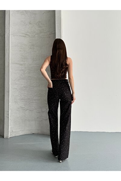 Bluezoni بنطلون جينز مرصّع بالأحجار للسيدات بخصر عالٍ قصة ساق واسعة لون بني