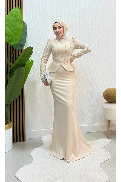 modadeywearst Special Design Stone Embellished Peplum Hijab Evening Dress