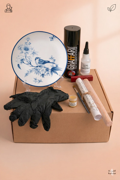 irashop Kintsugi Yapım Seti | Mavi Kuş Desenli Tabak