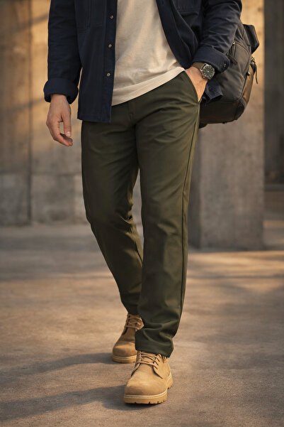 Souris Men's Khaki Relaxed Fit Stretch Fabric Sports Trousers Drawstring Wais...