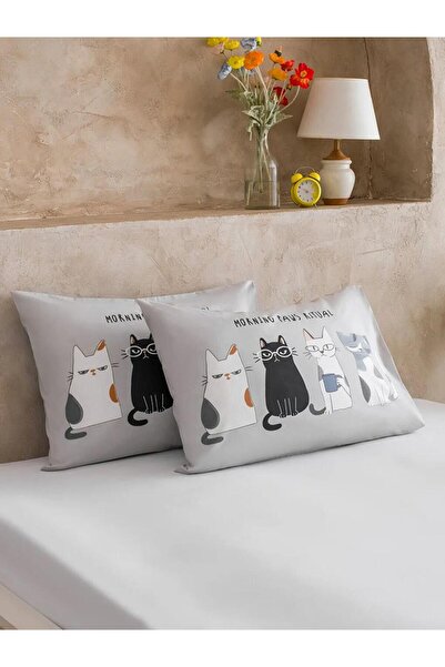 LC Waikiki Μικτή βαμβακερή μαξιλαροθήκη με στάμπα γάτας, σετ 2 τεμαχίων 50x70...