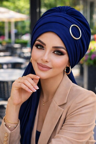 Aişe tesettür Șapcă de eșarfă cu cataramă albastru bleumarin