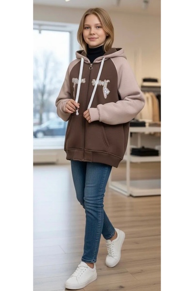 Minimoda Kids ÜÇ İPLİK ŞARDONLU KUMAŞA NAKIŞLI KAPÜŞONLU KIZ CEKET