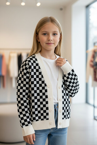 Minimoda Kids Kız Çocuk Dama Desenli Triko Hırka
