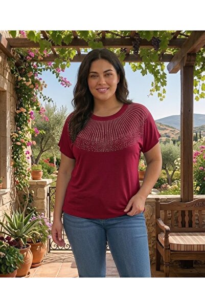 elma abone New Season Women's Low-Sleeve Stone-Embellished Combed Cotton Blouse