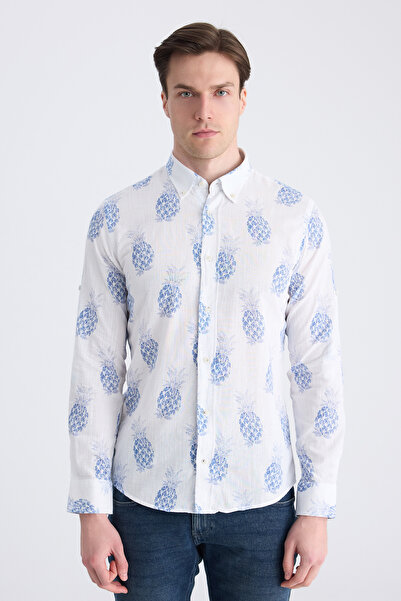 D'S Damat Ds Damat Slim Fit синя риза с принт, 100% памук