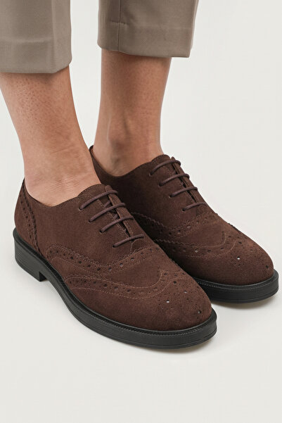 GRADA Hakiki Deri Bağcıklı Kahverengi Süet Oxford Ayakkabı Kadın Oxford Brogu...