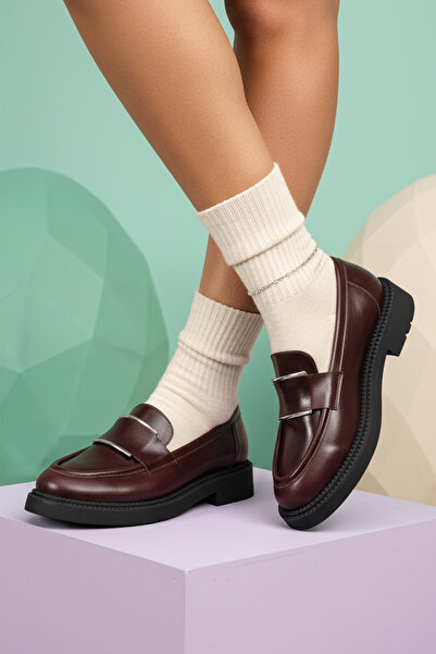 GRADA Σκούρο μπορντό γνήσιο δέρμα Γυναικεία παπούτσια Loafer με αγκράφα Παπού...