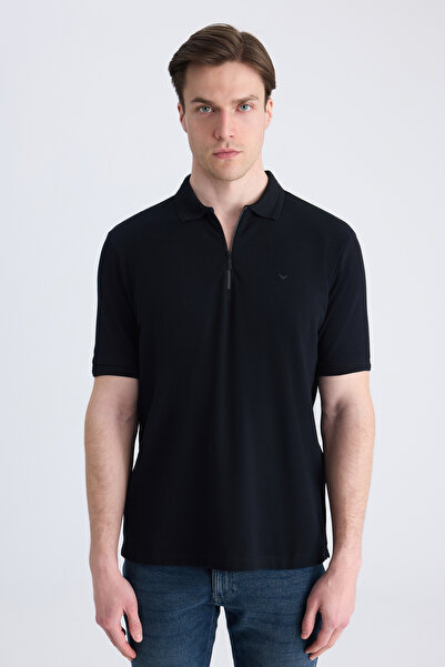 D'S Damat Ds Damat Regular Fit Black Pique Textured 100% Cotton T-Shirt