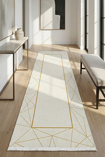 VOPTEKS Modern Dijital Baskı Makinede Yıkanabilir Kaymaz Taban Gold Halı Yoll...