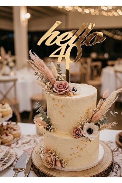 GÜVEN ‘hello 40’ Pleksi Doğum Günü Pasta Süsü Gold Renk