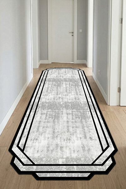 VOPTEKS Gri Lazer Kesim Yolluk Koridor Halısı Makinede Yıkanabilir Kaymaz Tab...