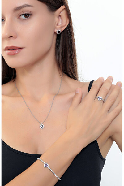 Bijuty طقم نسائي من 4 قطع يتضمن سوار وقلادة وأقراط وخاتم على شكل قلب باللون ا...