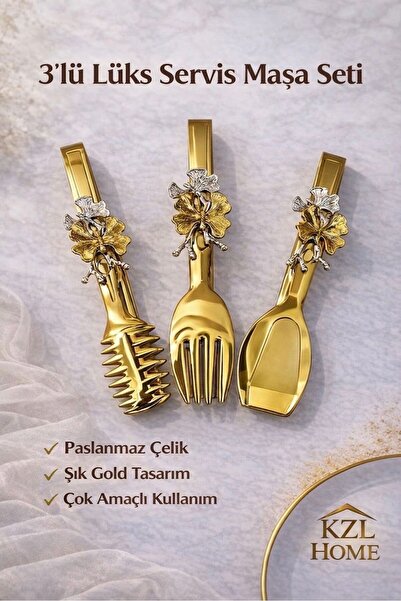 KZL HOME 3’lü Gold Servis Maşa Seti – Paslanmaz Çelik Pasta, Salata ve Makarn...
