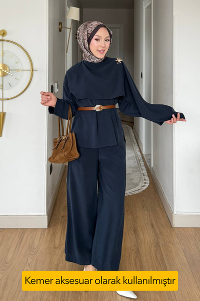 Mogi Butik Cape Detailed Hijab Women's Wide-Leg Tnsel Suit with Trousers 3191...