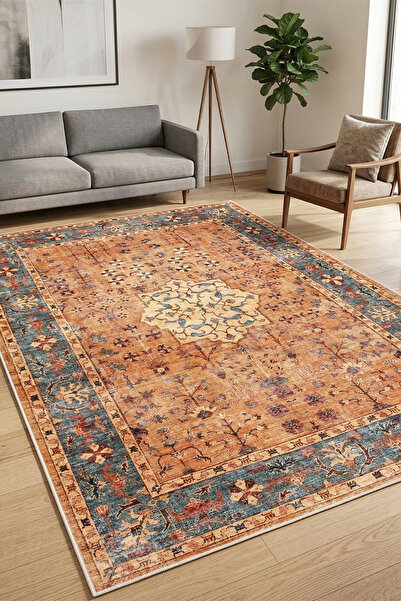 CENTER AVM Turuncu Halı Salon Halısı Makinede Yıkanabilir Halı Kaymaz Taban Halı