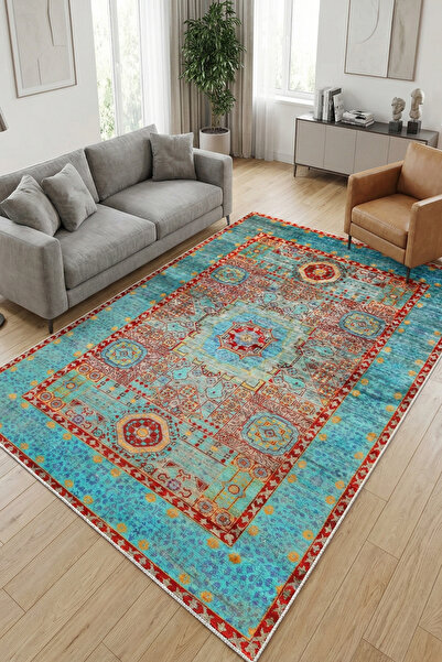 CENTER AVM Mavi Halı Salon Halısı Makinede Yıkanabilir Halı Kaymaz Taban Halı