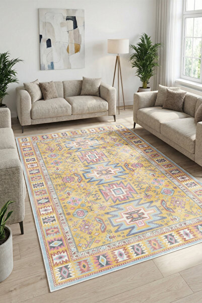 CENTER AVM Sarı Halı Salon Halısı Makinede Yıkanabilir Halı Kaymaz Taban Halı