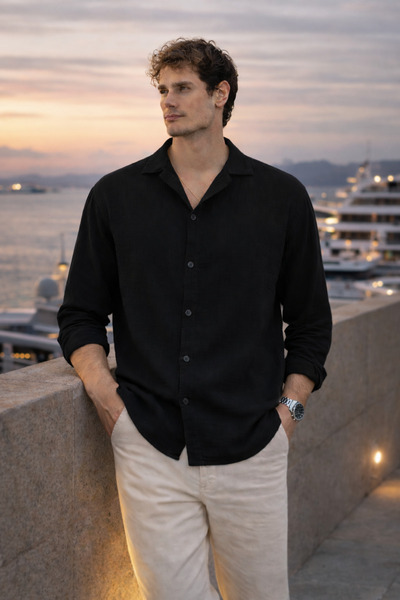 Valiberta قميص أباش ذو ياقة كبيرة الحجم من قماش الموسلين - أسود