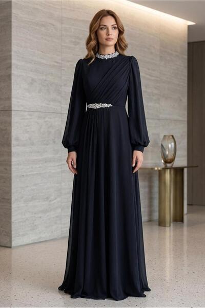 TRENDTESETTÜR KADIN SİYAH TAŞ DETAYLI ŞİFON ABİYE ELBİSE T 6363