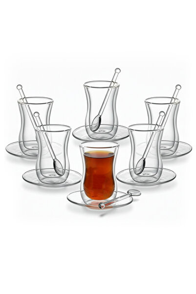 Blackstone Double Wall Glass Tea Coffee Cups with Saucer Estikana and Spoon S...