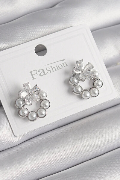 Skygo حلق نسائي من النحاس بلون فضي مع حجر الزركون وتفاصيل على شكل زهرة - TJ-B...