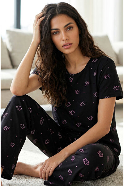 Siyah İnci siyah pembe çiçek baskılı bisiklet yaka Örme Pijama Takım