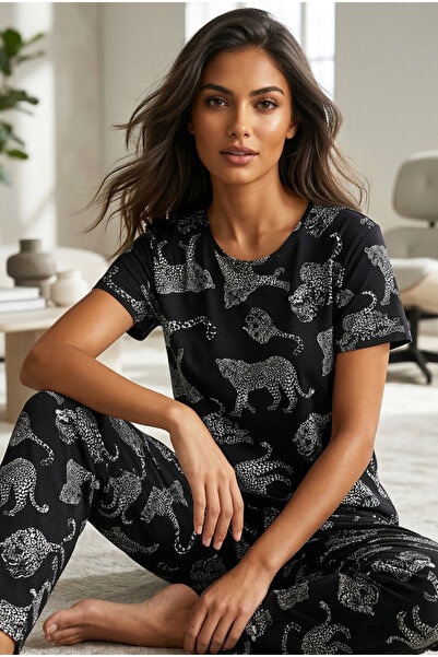 Siyah İnci μαύρο λευκό λεοπάρ τίγρης με λαιμόκοψη Πλεκτό κοστούμι πιτζάμες