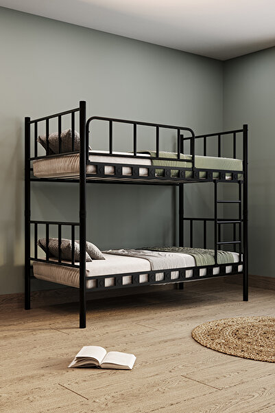 ARGİMO Zambak Genç Çocuk Yatak Odası Metal Ranza Ve Karyola 90x190 Siyah