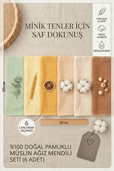 LUCKKA 6'lı Müslin Ağız Mendili , Ter Bezi Çift Kat Dikimli - 20x20 - Zt0011