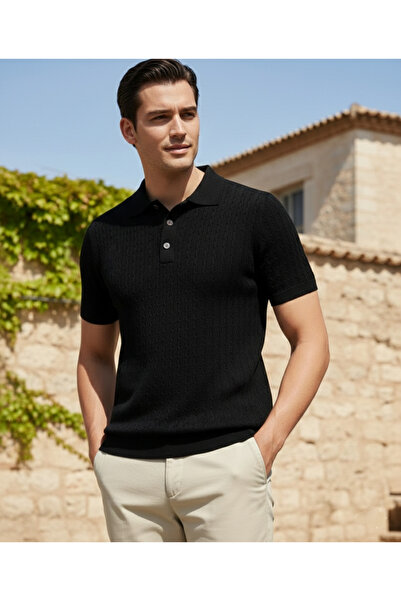 JAKC WAYS Polo Collar Black Knitwear T-Shirt / Knitwear T-Shirt