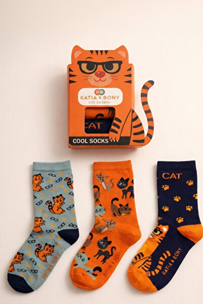 Katia&Bony Детски комплект от 3 чифта чорапи с 3D котешки мотиви в кутия