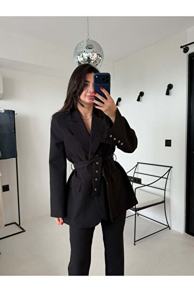 Bade Butik Jachetă neagră tip blazer cu cu detalii la mânecă curele