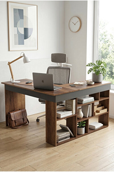 Robin Home Kitaplık Raflı L Ofis Çalışma Masası Barok-antrasit