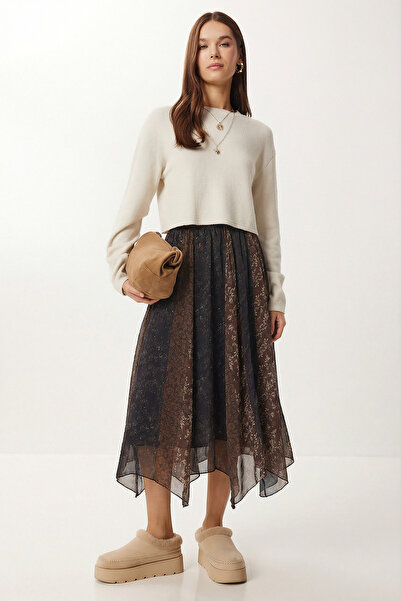 Lovelyİstanbul Desenli Pileli Asimetrik Şifon Midi Etek LMC0082 KAHVERENGİ