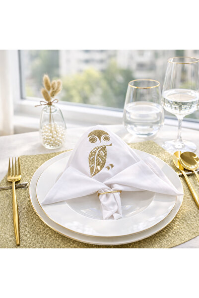 desicap 6’lı Gold Simli Kuş Desenli Beyaz Keten Peçete – Davet & Nişan Sofras...