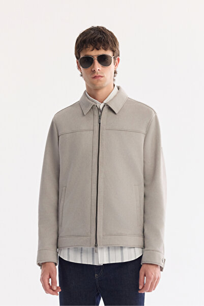 Avva Men's Gray Classic Collared Fleto Pocket Zippered Suede Coat A61Y6000