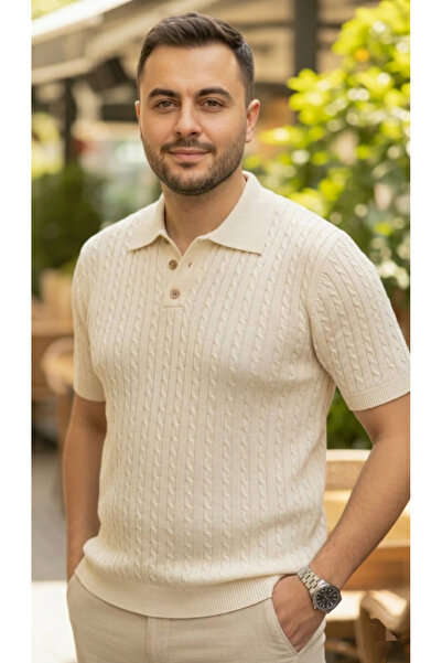 JAKC WAYS Sweat-Proof Polo Collar Ecru Knitwear T-Shirt