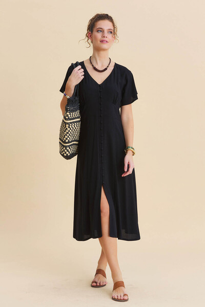 Los banditos Bat Sleeve Button V Neck Bohemian Dress