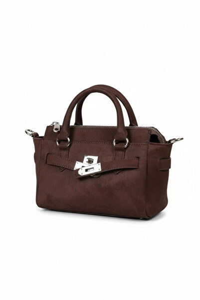 Harmony Bitter Brown Suede Mini Women's Hand Sleeve and Shoulder Bag with Front Lock Detail