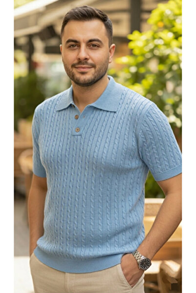 JAKC WAYS Sweat-Proof Polo Neck Blue Knitwear T-Shirt