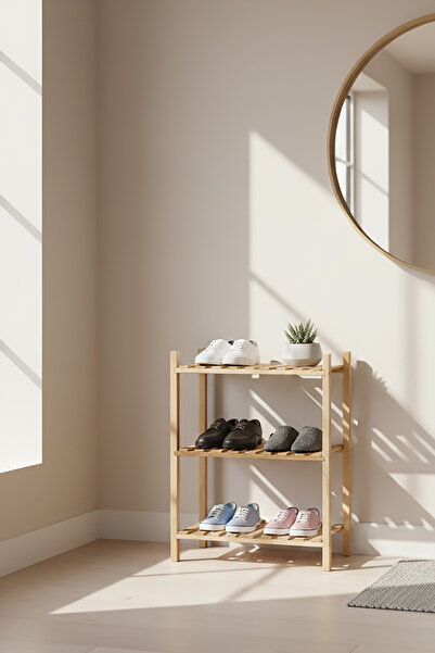Exent , Dekoratif 3 Raflı Doğal Ahşap Ayakkabılık, Kayın Ahşap Ayakkabılık, Ç...