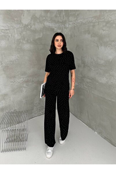 aksesuarista Siyah Renk Silver Taşlı Modal Kumaş Eşofman Takım